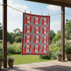 Vintage Handmade Patchwork Quilt 42x52 Red Blue Log Cabin